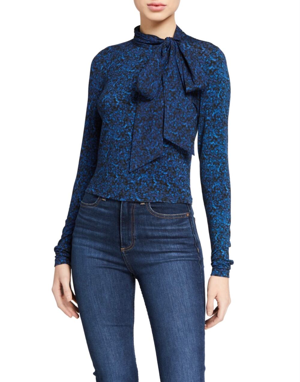 Alice + Olivia Delaina Tie Neck Crop Top Blue Floral Long Sleeve Size Small